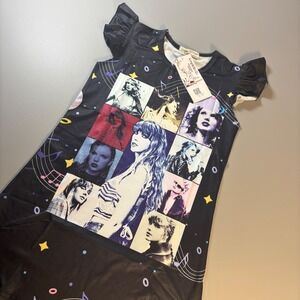 Kids Taylor Swift Collage Sleepwear Dress Flutter Sleeve Music Notes Stars Black